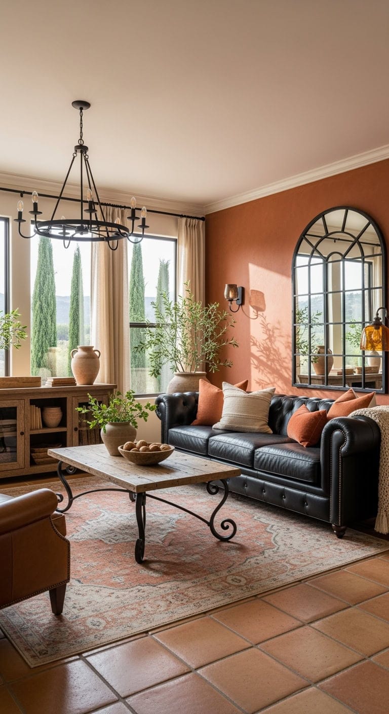 tuscan inspired black leather livingroom