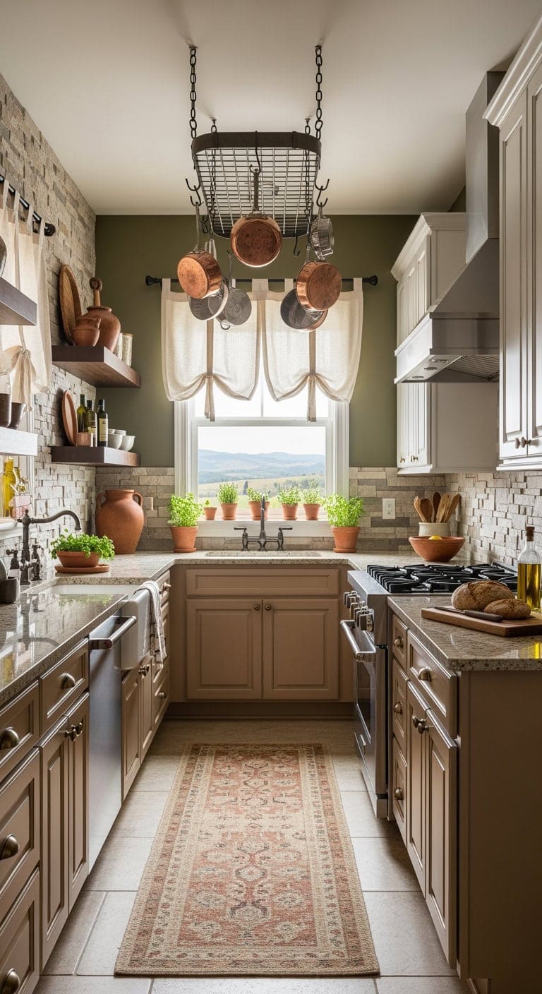 tuscan inspired narrow kitchen elegance