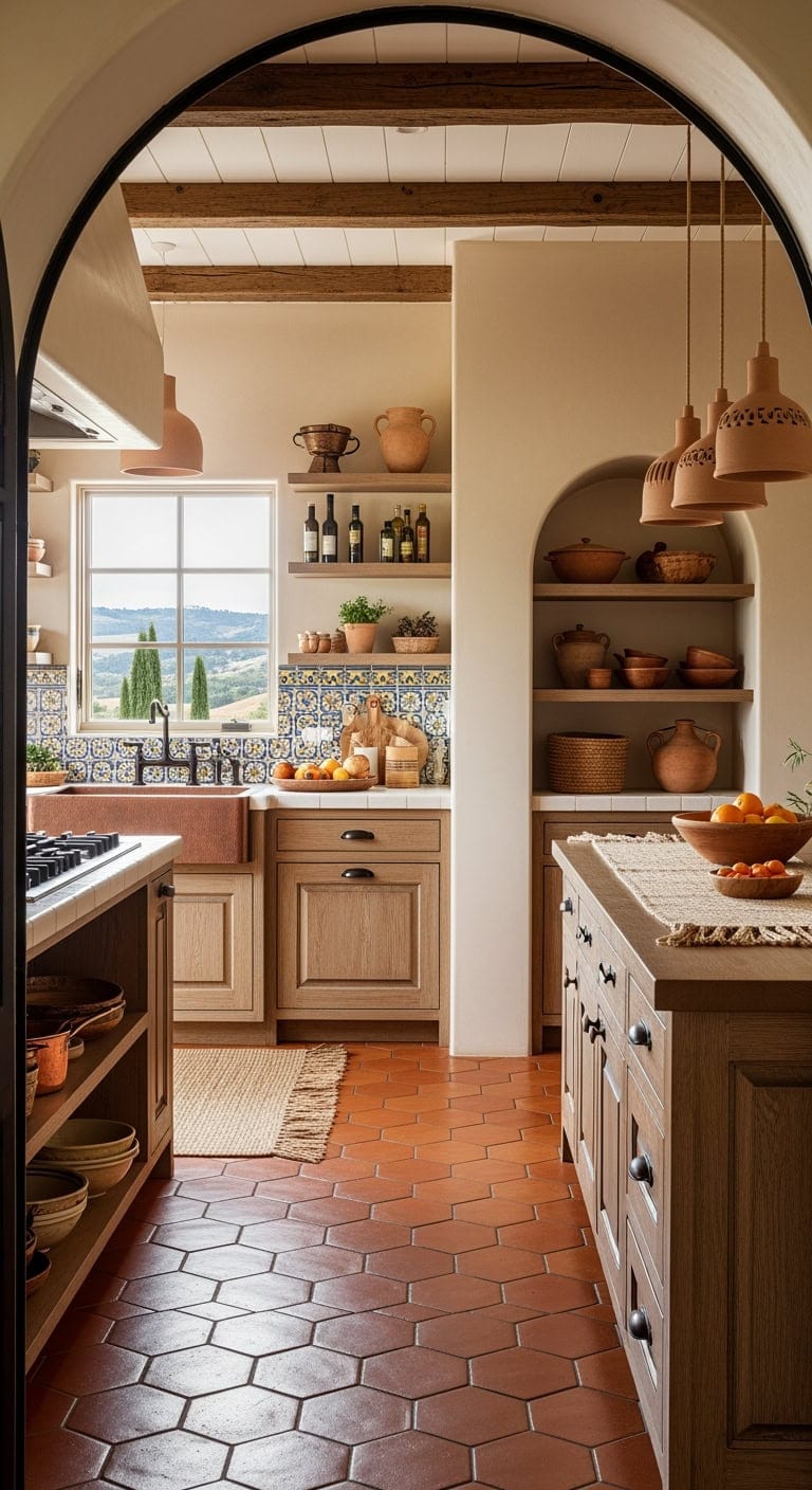 tuscan inspired terracotta archway kitchen