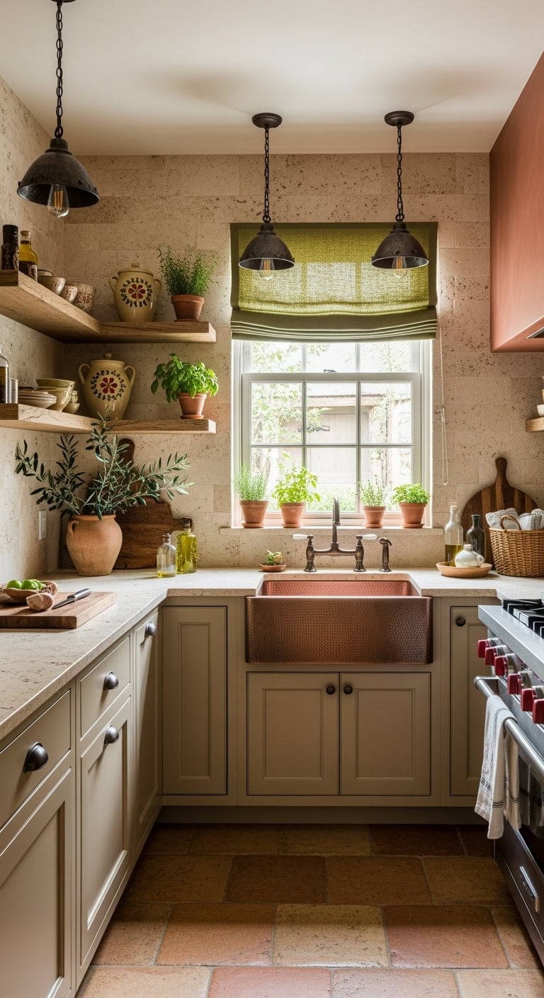 tuscan inspired warm u shaped kitchen