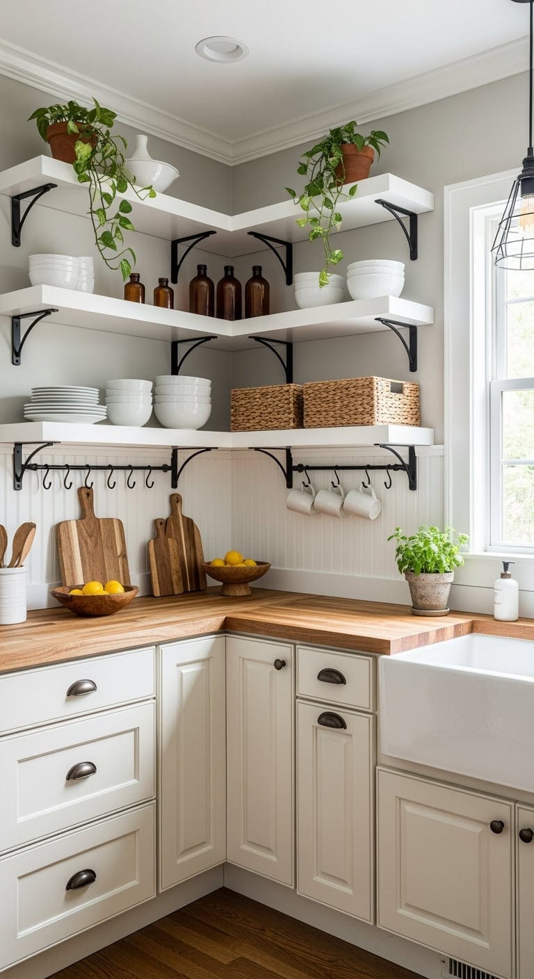 ultra compact farmhouse corner shelving