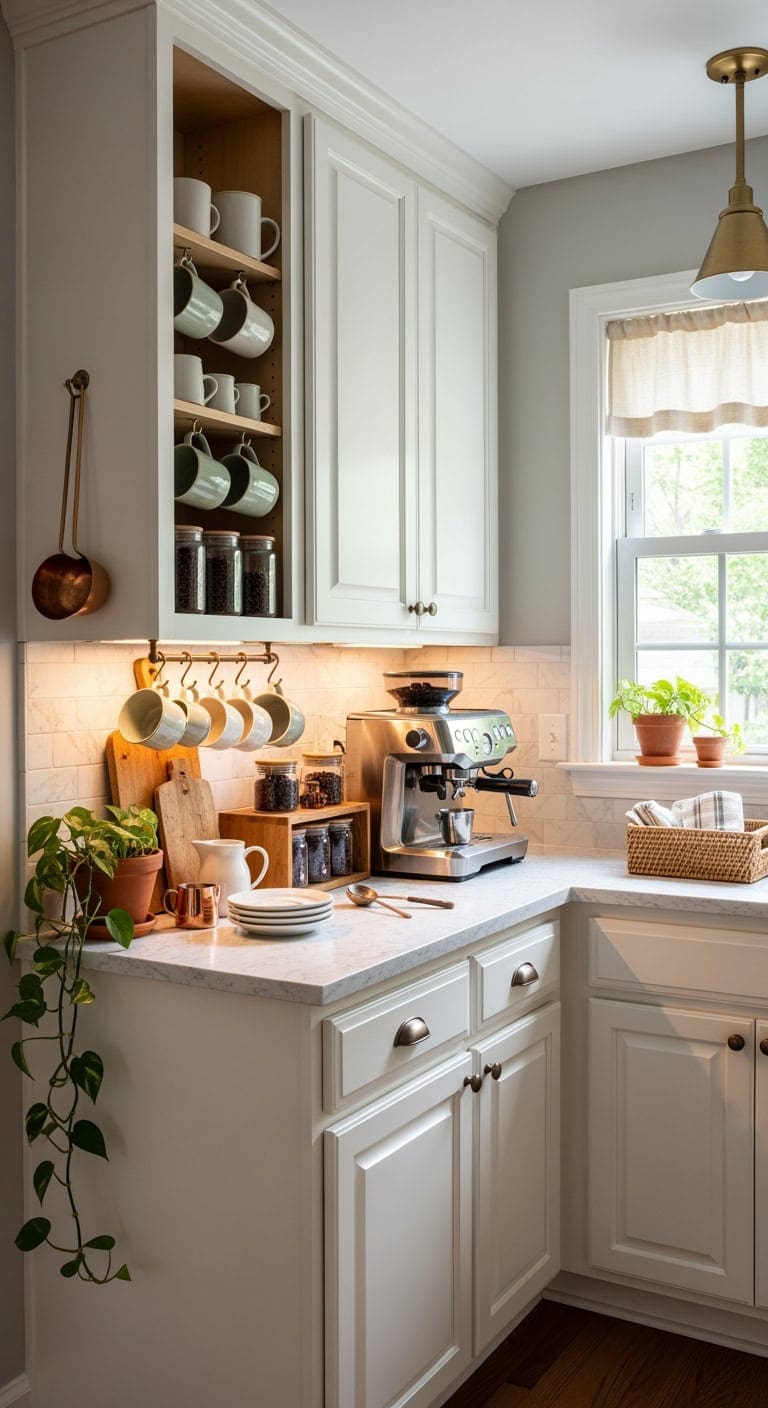 under cabinet coffee station organization
