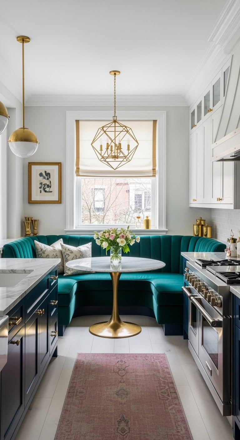 velvet banquette with brass