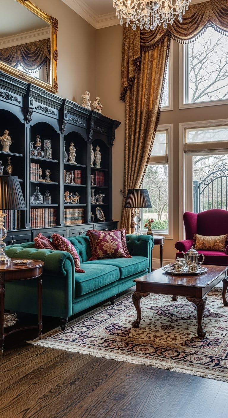 victorian inspired black ornate built ins