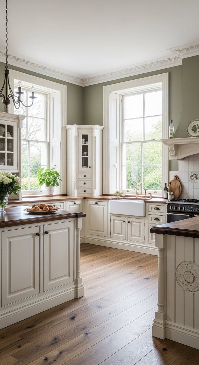 victorian inspired ornate l shaped kitchen