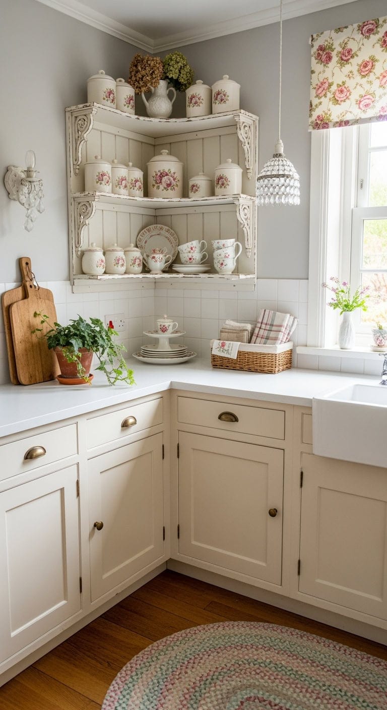 vintage inspired cream corner shelving