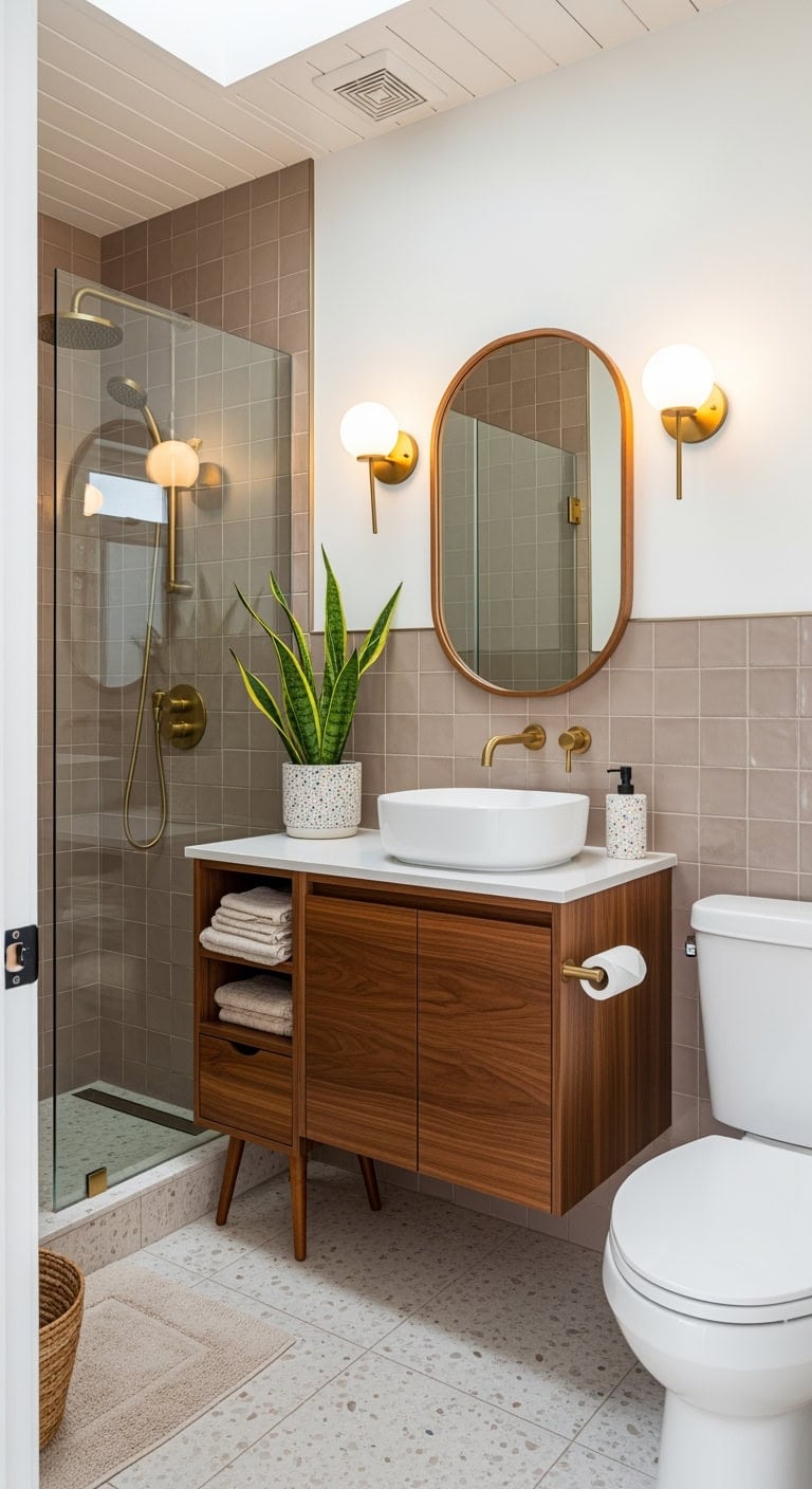 walnut and mushroom midcentury bathroom