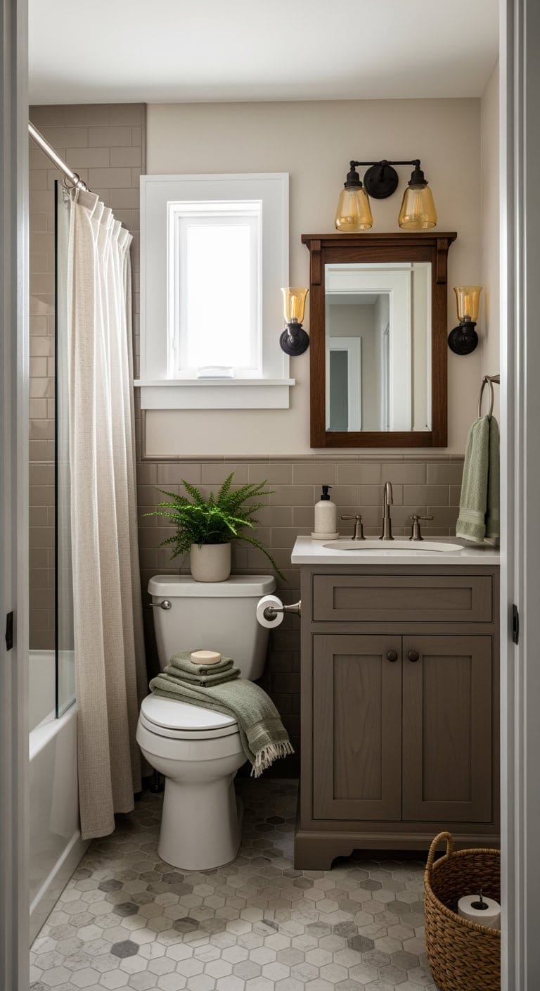 warm craftsman taupe grey bathroom