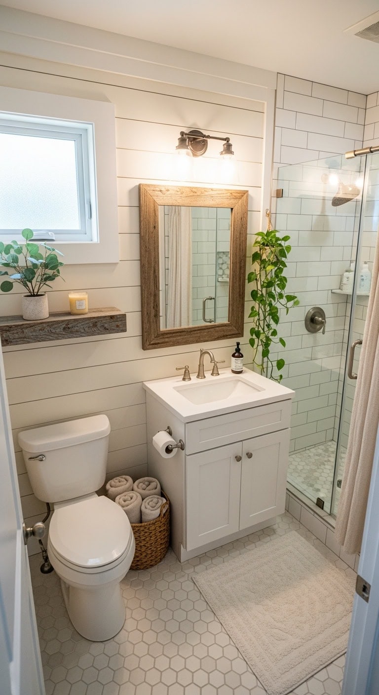 warm cream shiplap bathroom