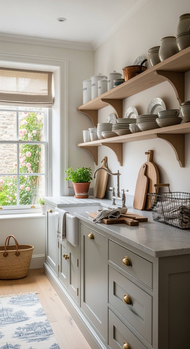 weathered open shelving french kitchen
