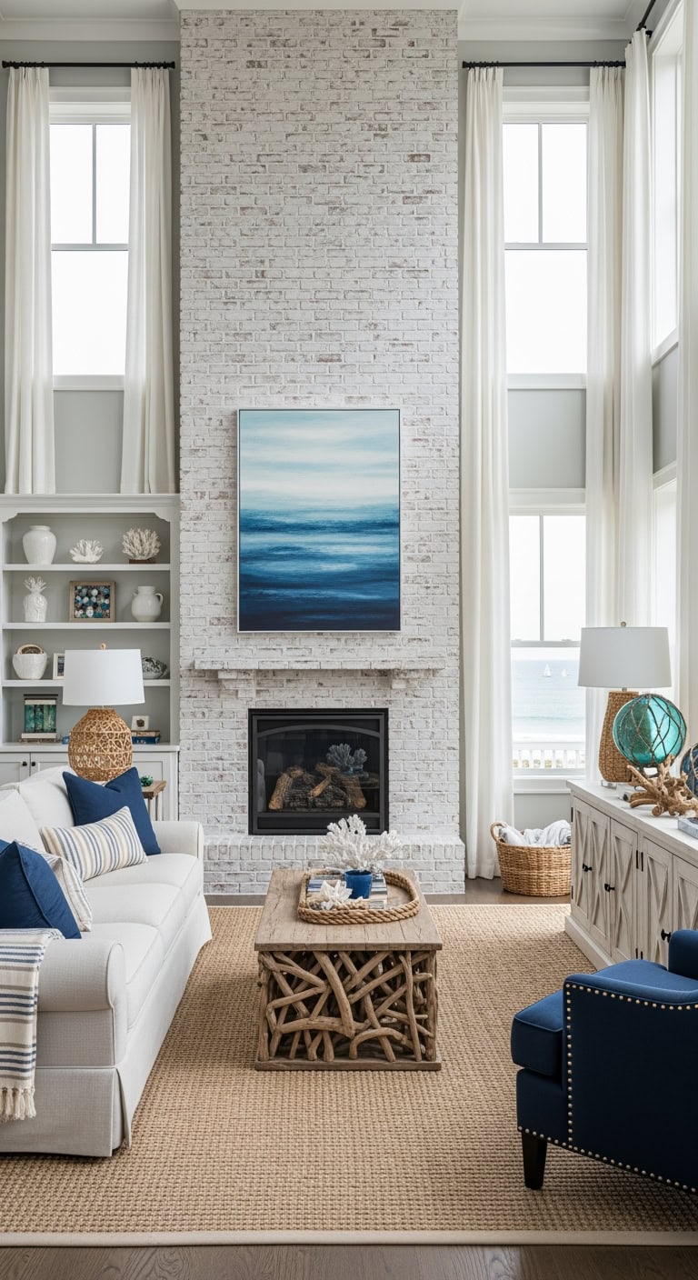 weathered whitewashed coastal fireplace