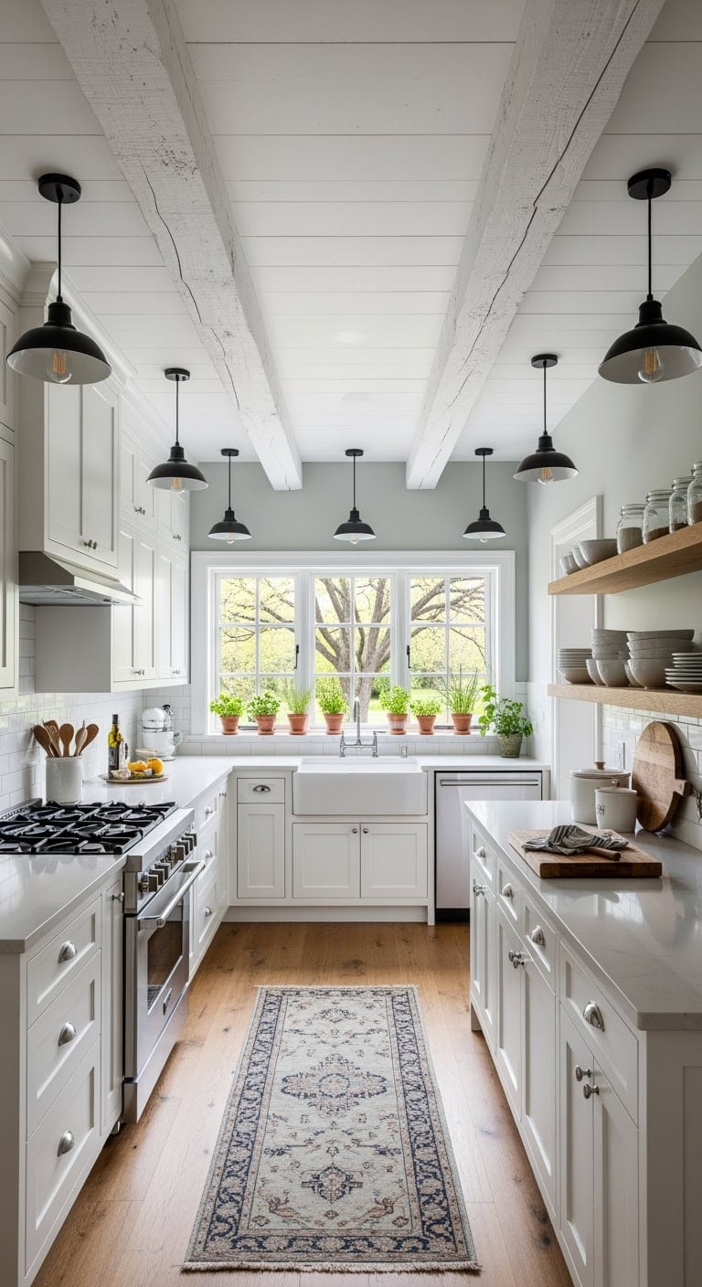 white painted exposed wood beams
