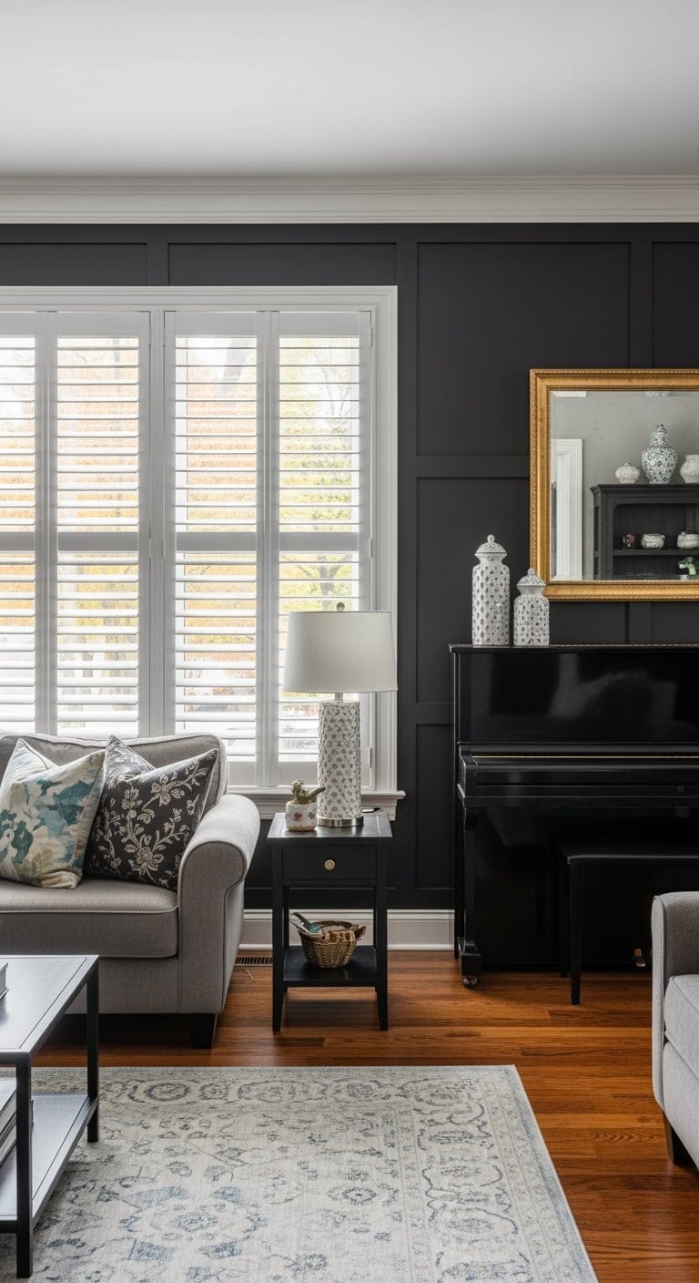 white shutters black piano