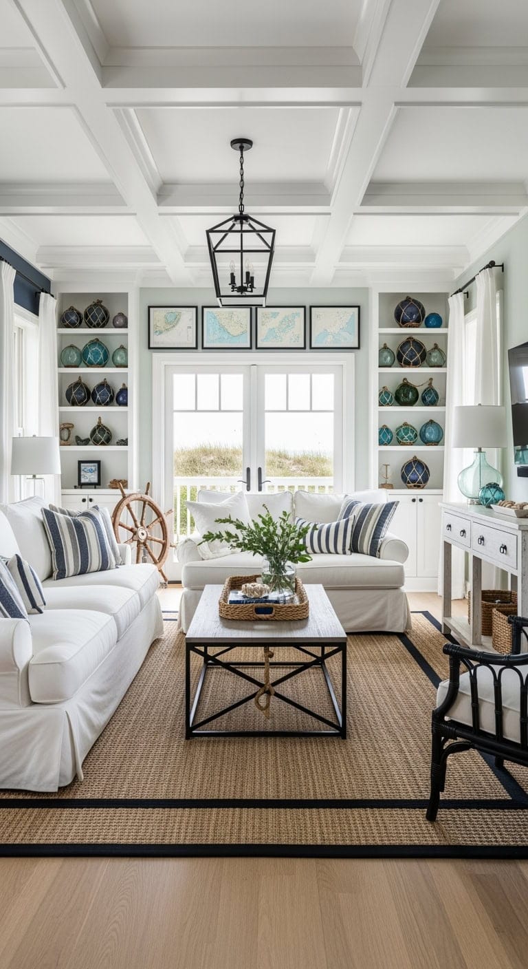 white slipcovered nautical livingroom
