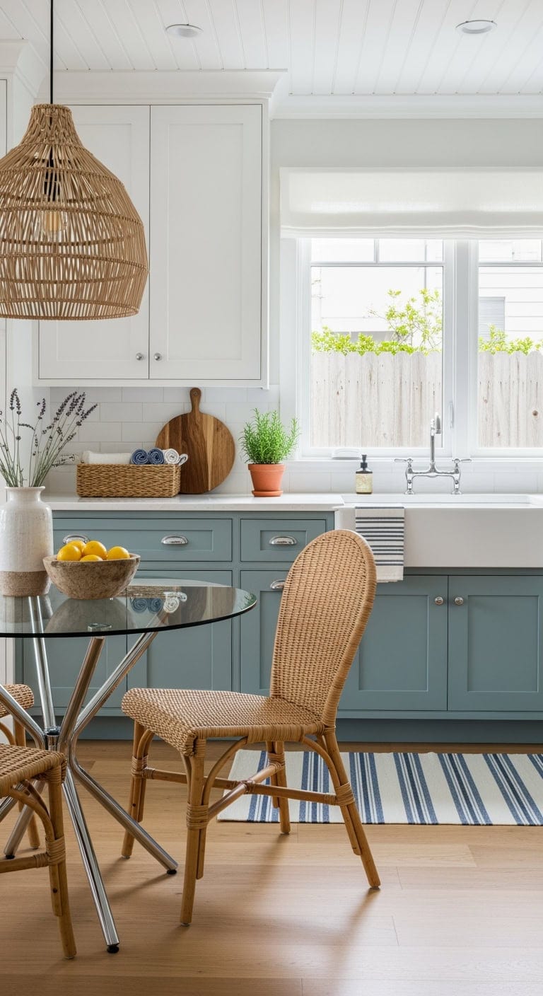 wicker and glass coastal kitchen
