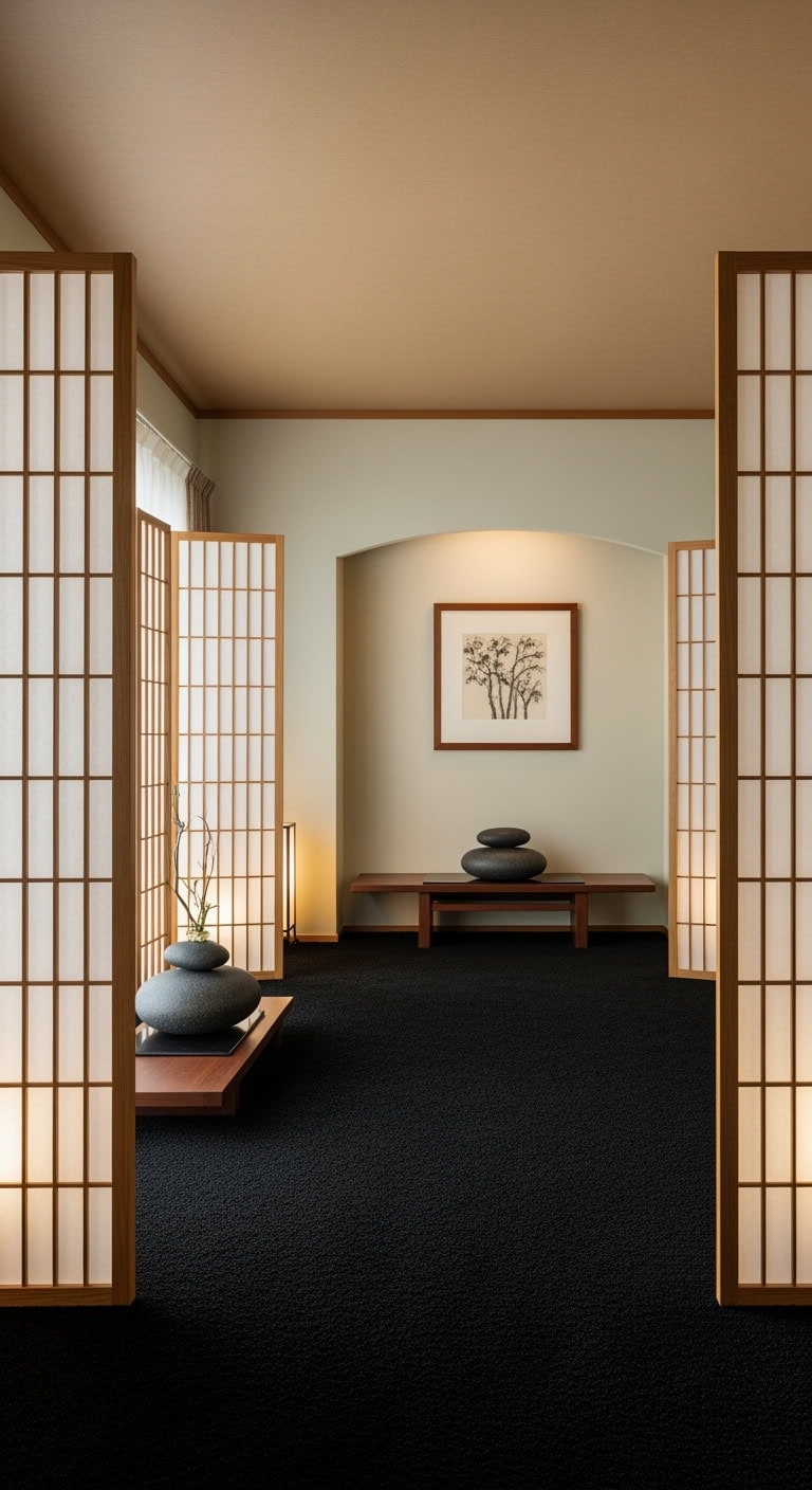zen inspired black carpeted sanctuary