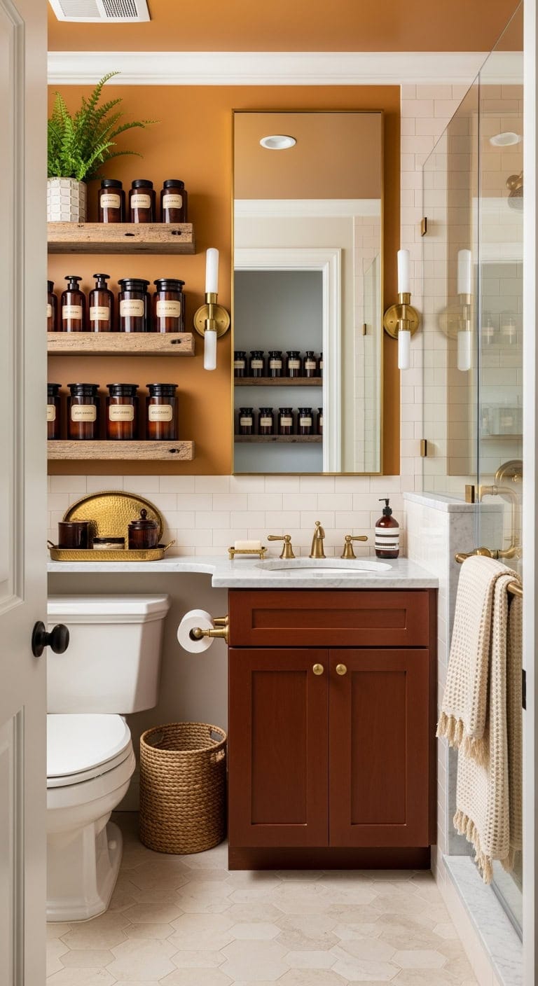 amber apothecary shelves with brass