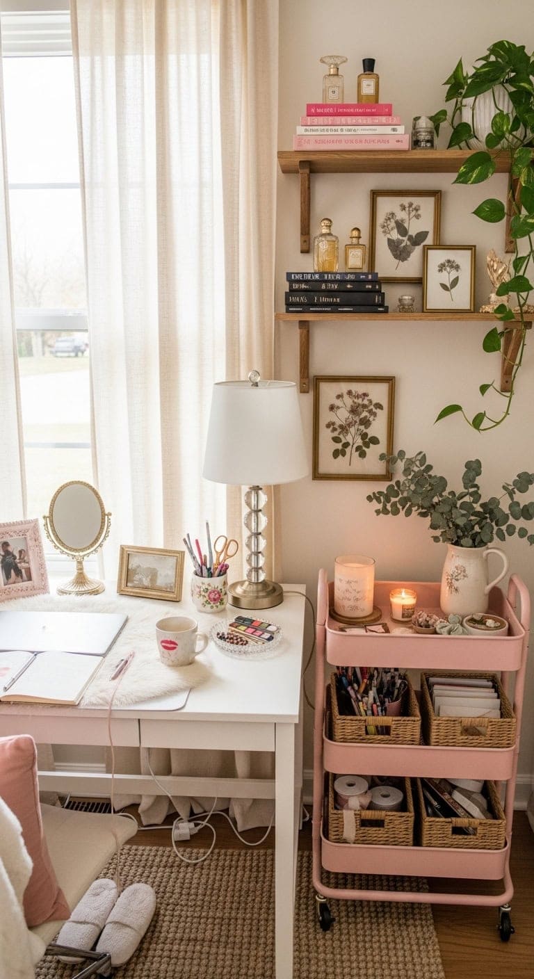 blush pink rolling cart