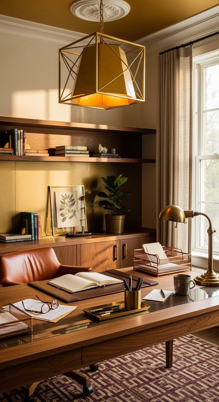 brass and gold walnut workspace