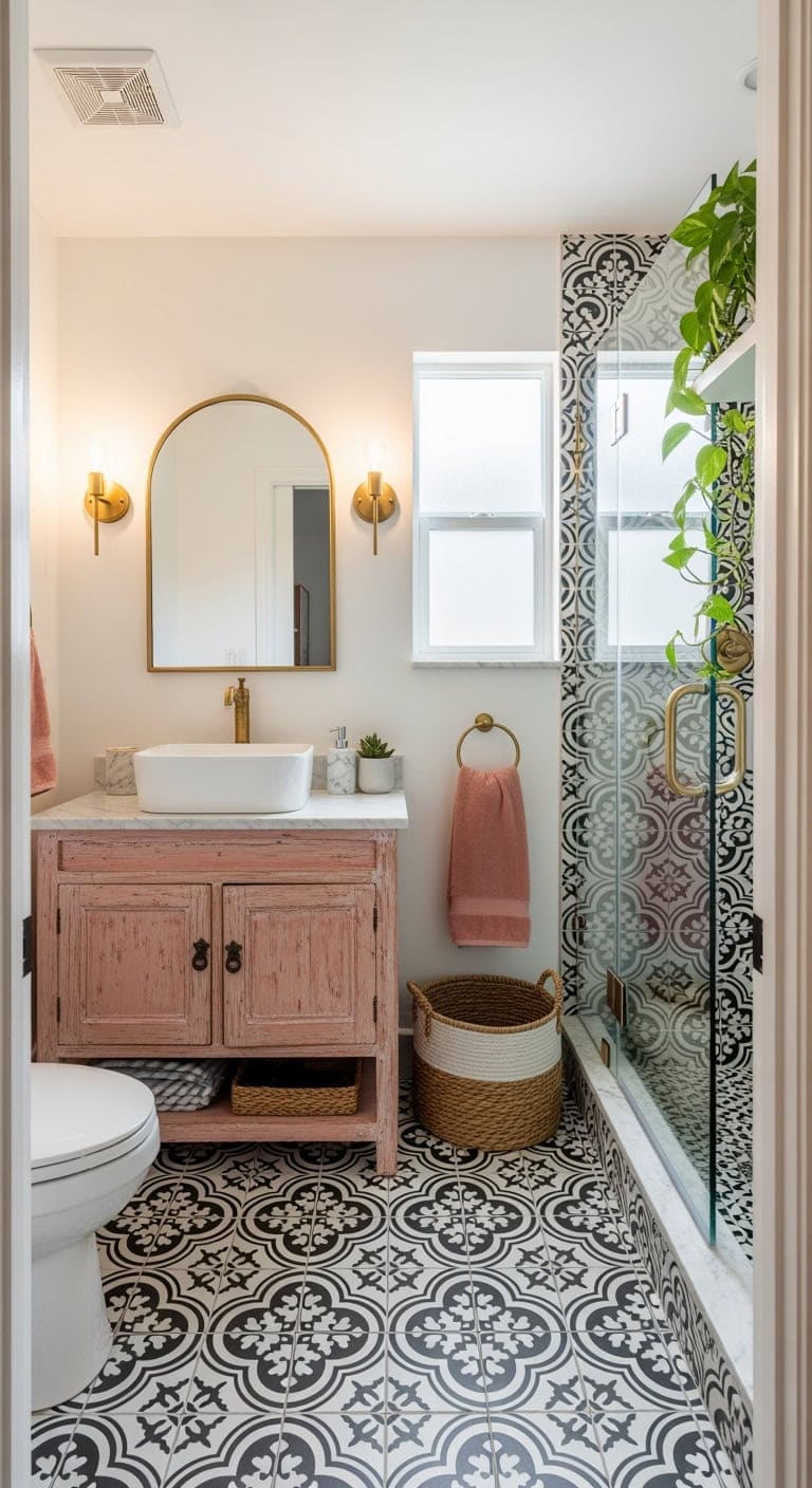 bright eclectic blush and white bathroom