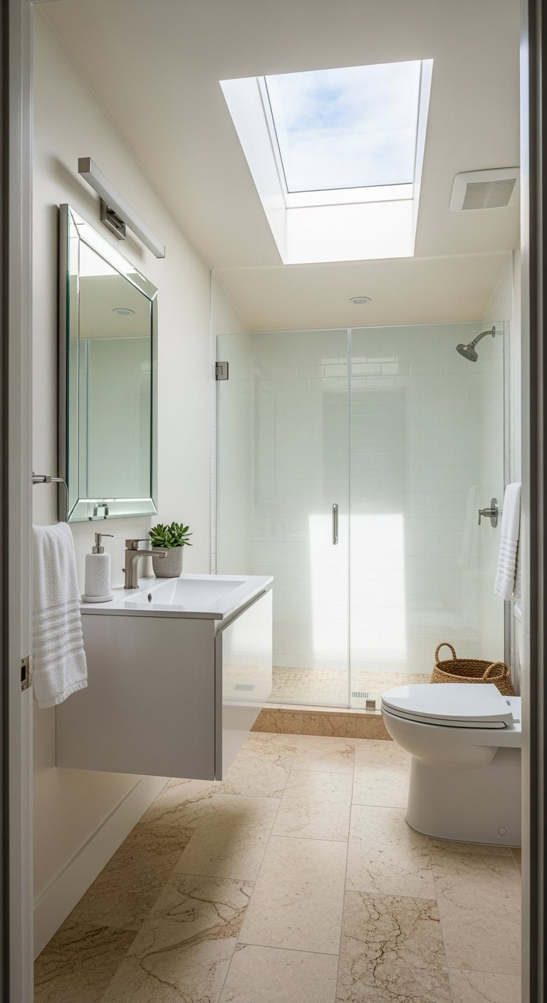 bright skylight travertine minimalist cabinetry