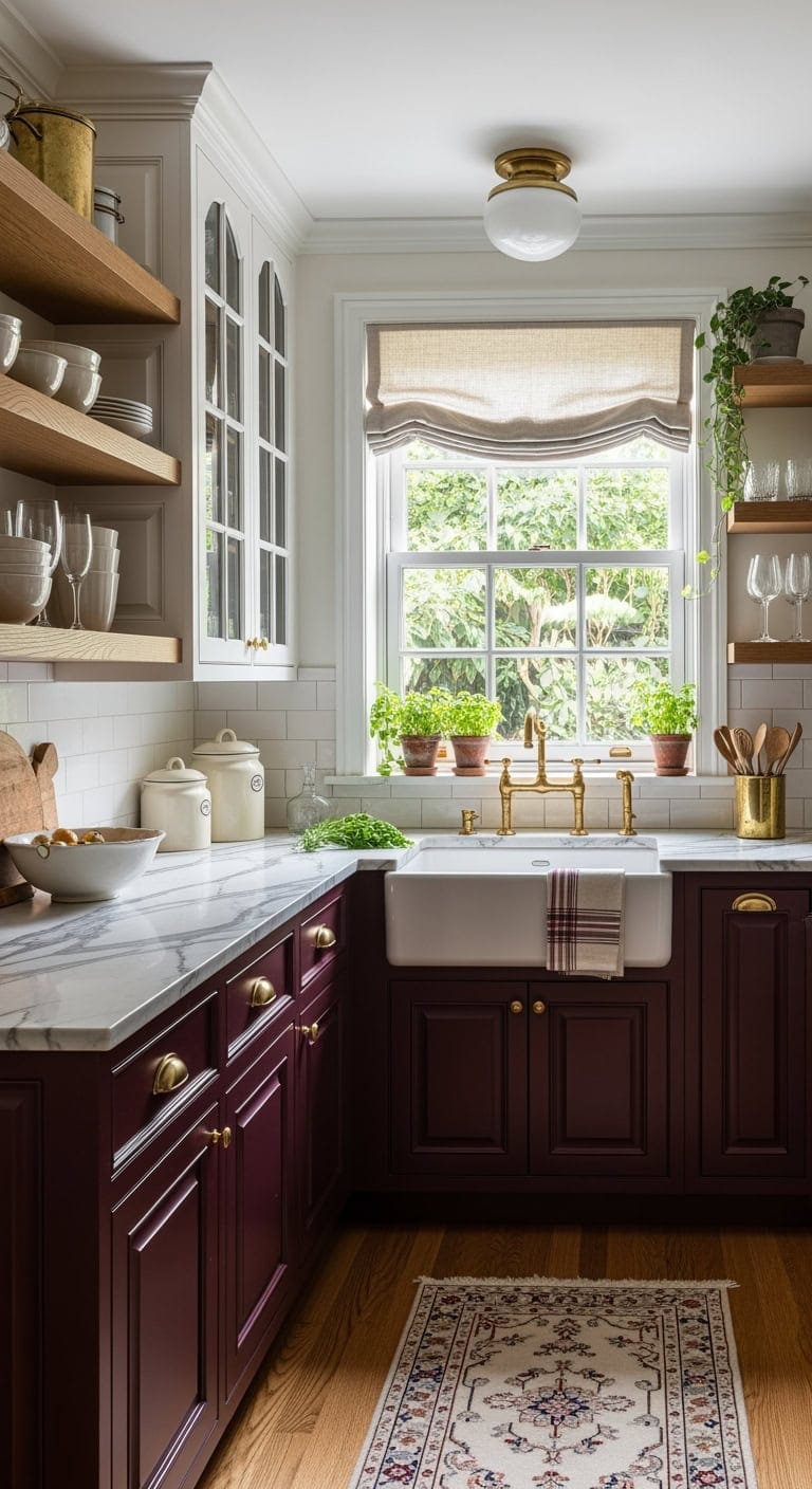 burgundy and antique white kitchen