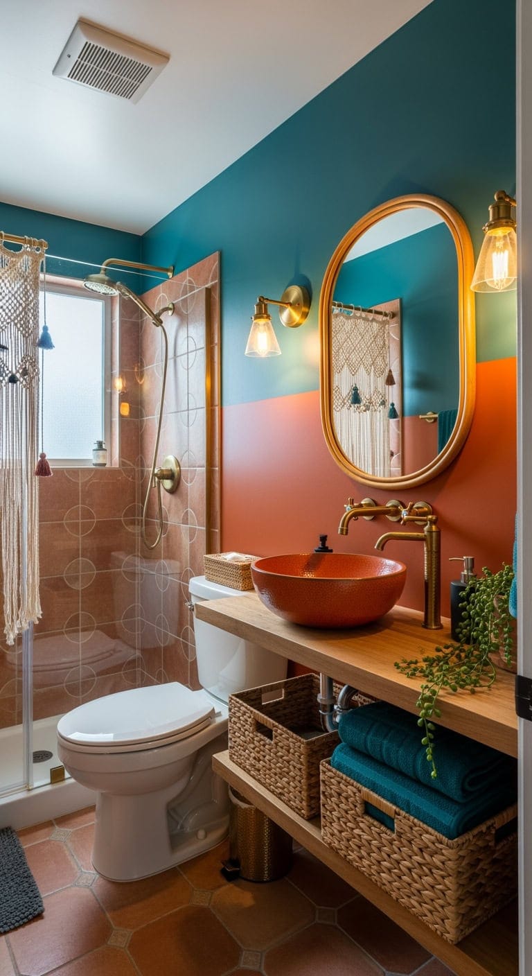 burnt orange teal bohemian bathroom