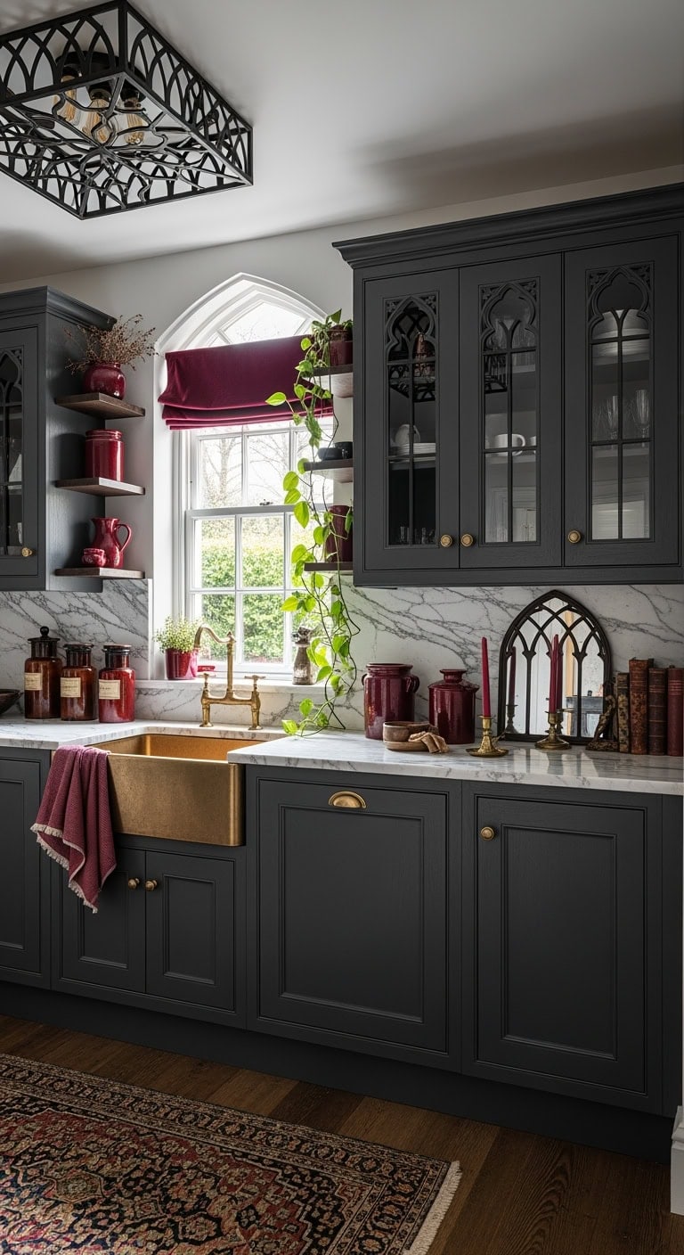 charcoal burgundy gothic kitchen