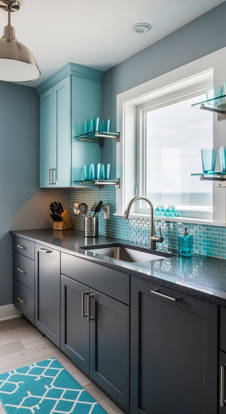 charcoal gray aqua coastal cabinetry