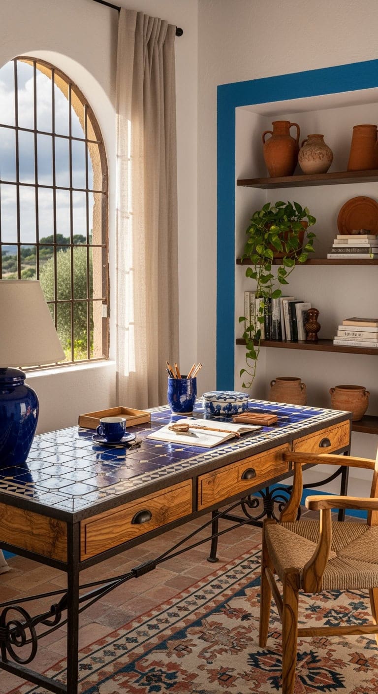 cobalt terracotta mediterranean workspace