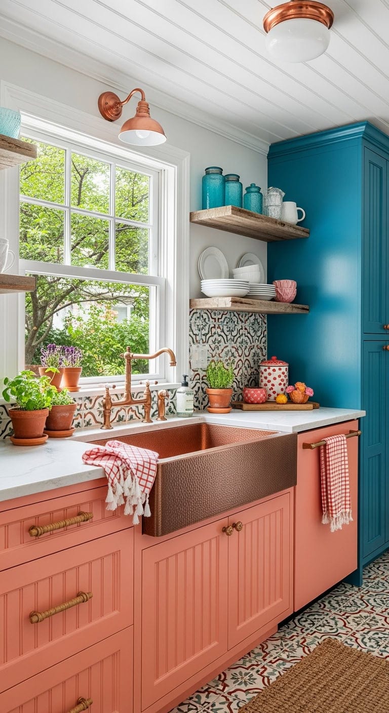 coral and teal cottage kitchen