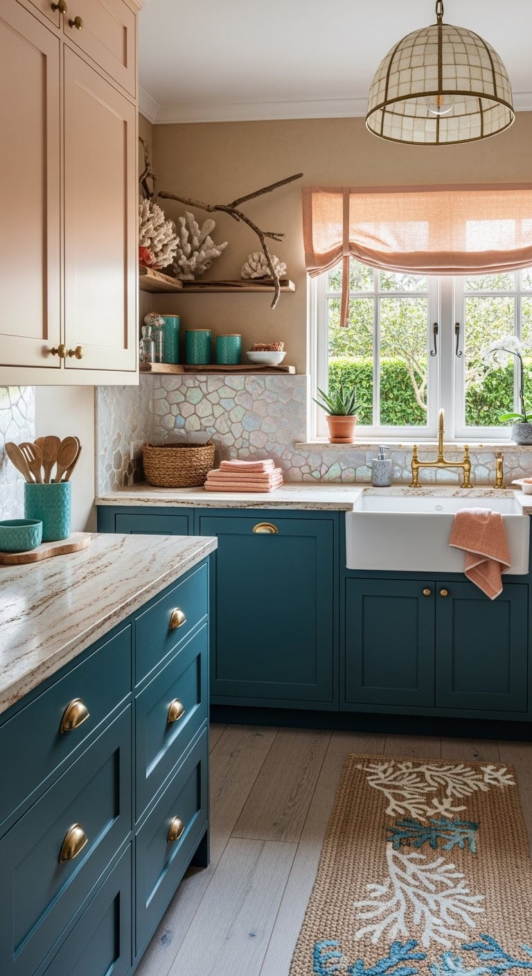 coral peach and teal kitchen