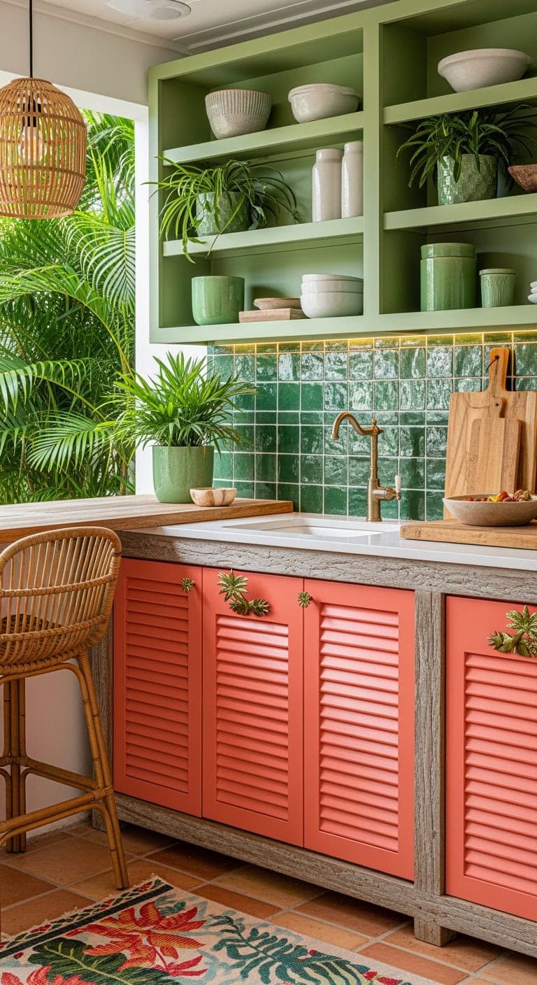 coral pink tropical kitchenette