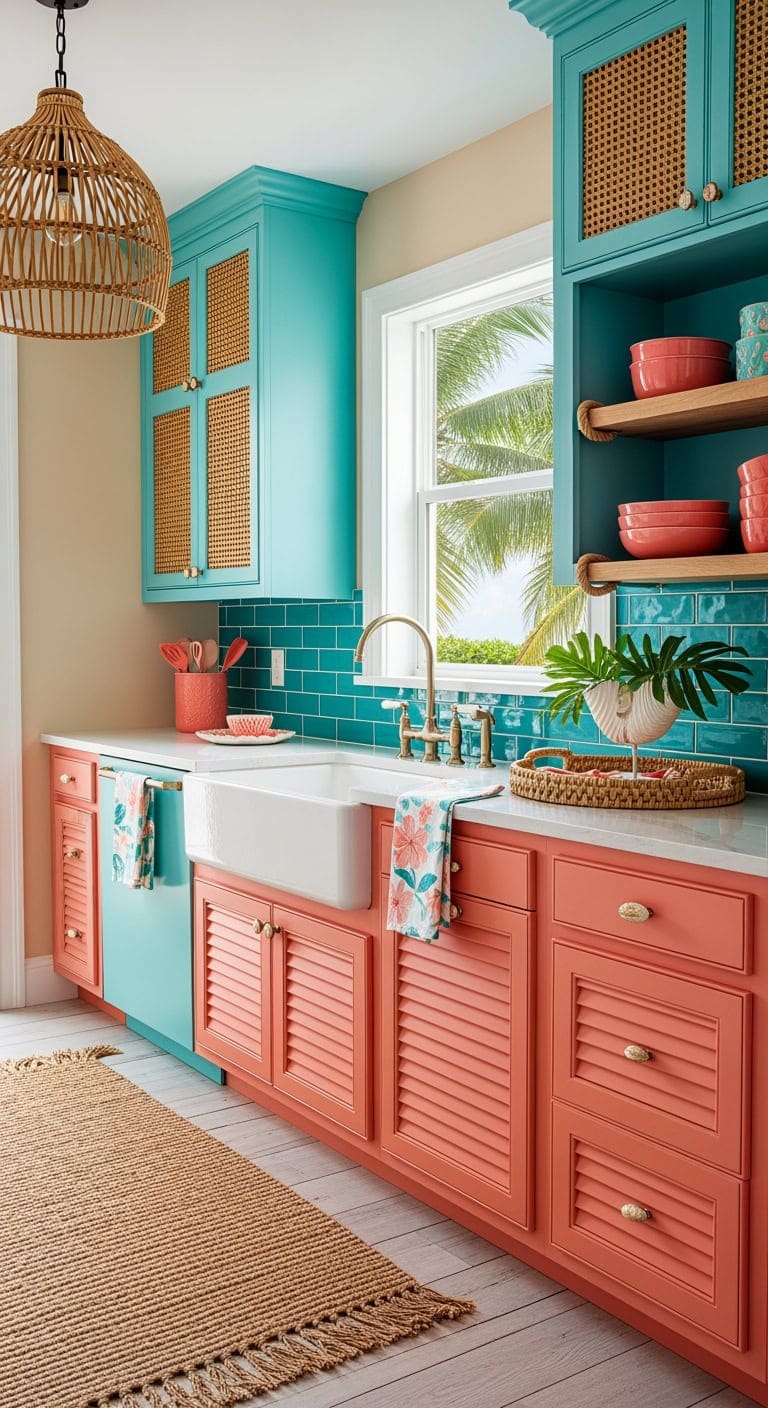 coral turquoise louvered rattan