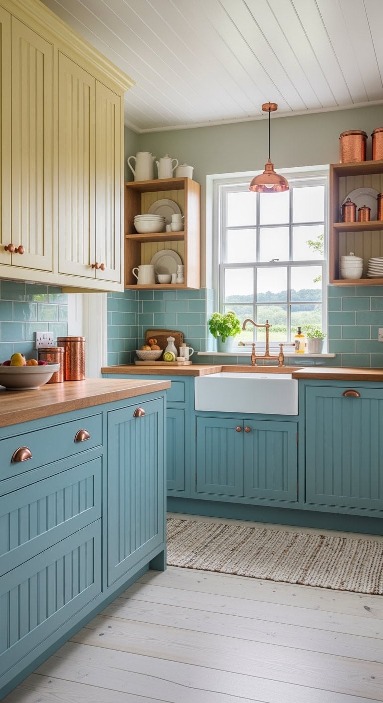 country chic butter and eggblue cabinetry