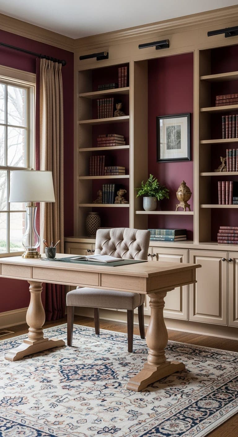cozy burgundy tan study