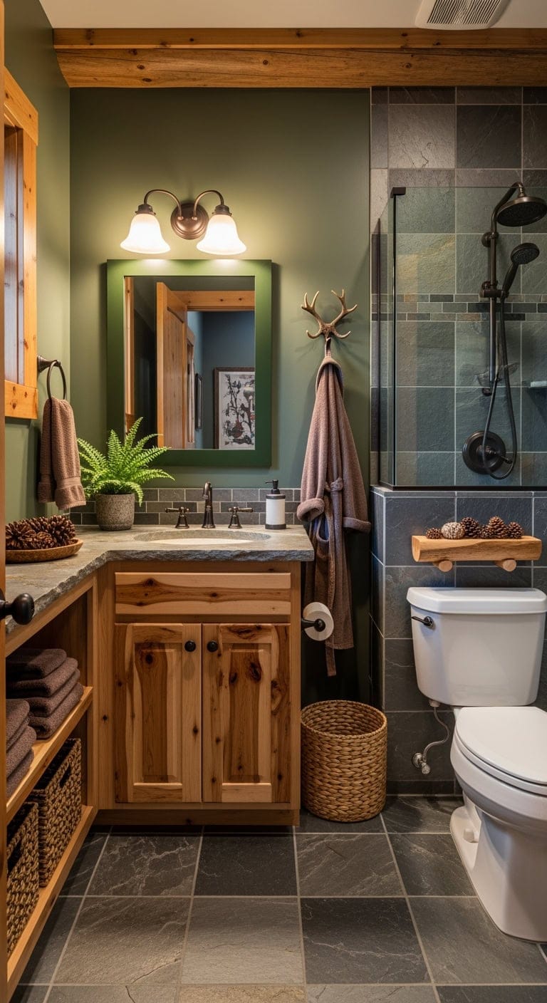 cozy lodge inspired forest bathroom