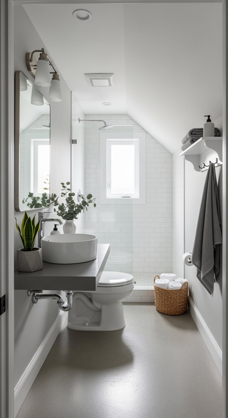 cozy minimalist gray dormer bathroom