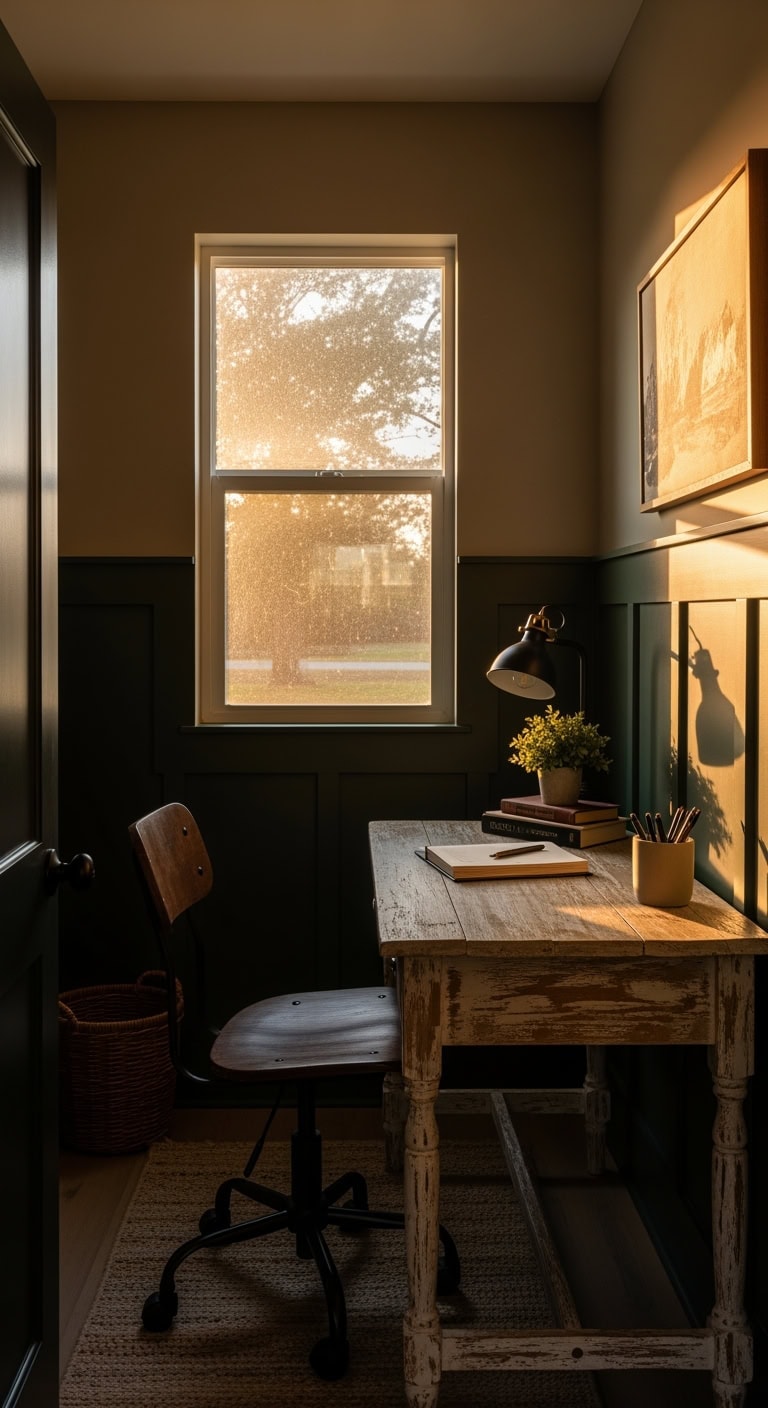 cozy rustic forest green workspace