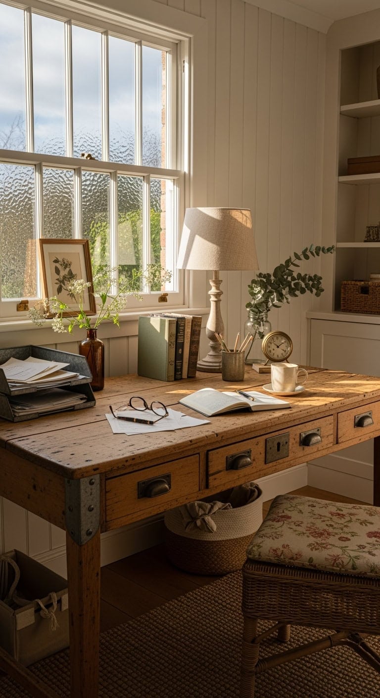 cream sage distressed pine workspace
