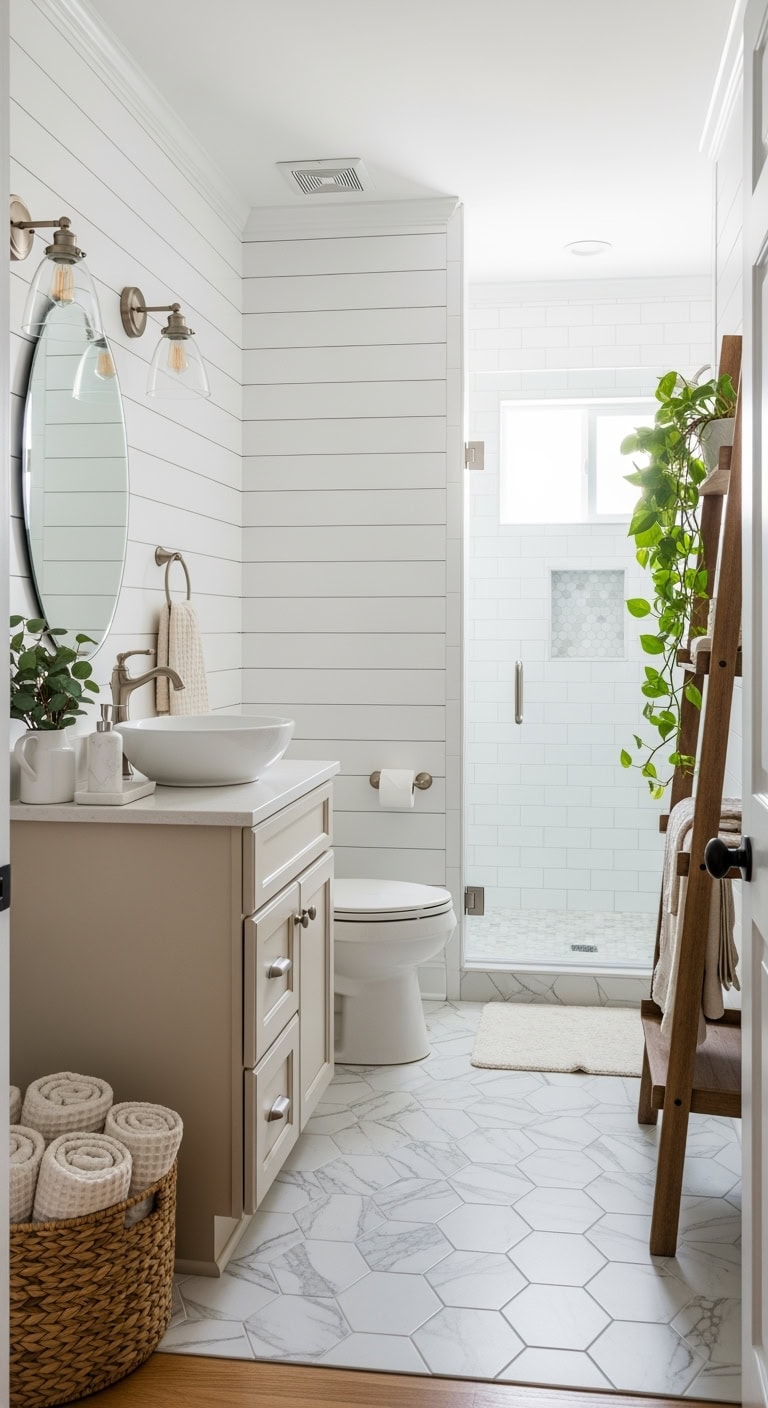 crisp white farmhouse bathroom