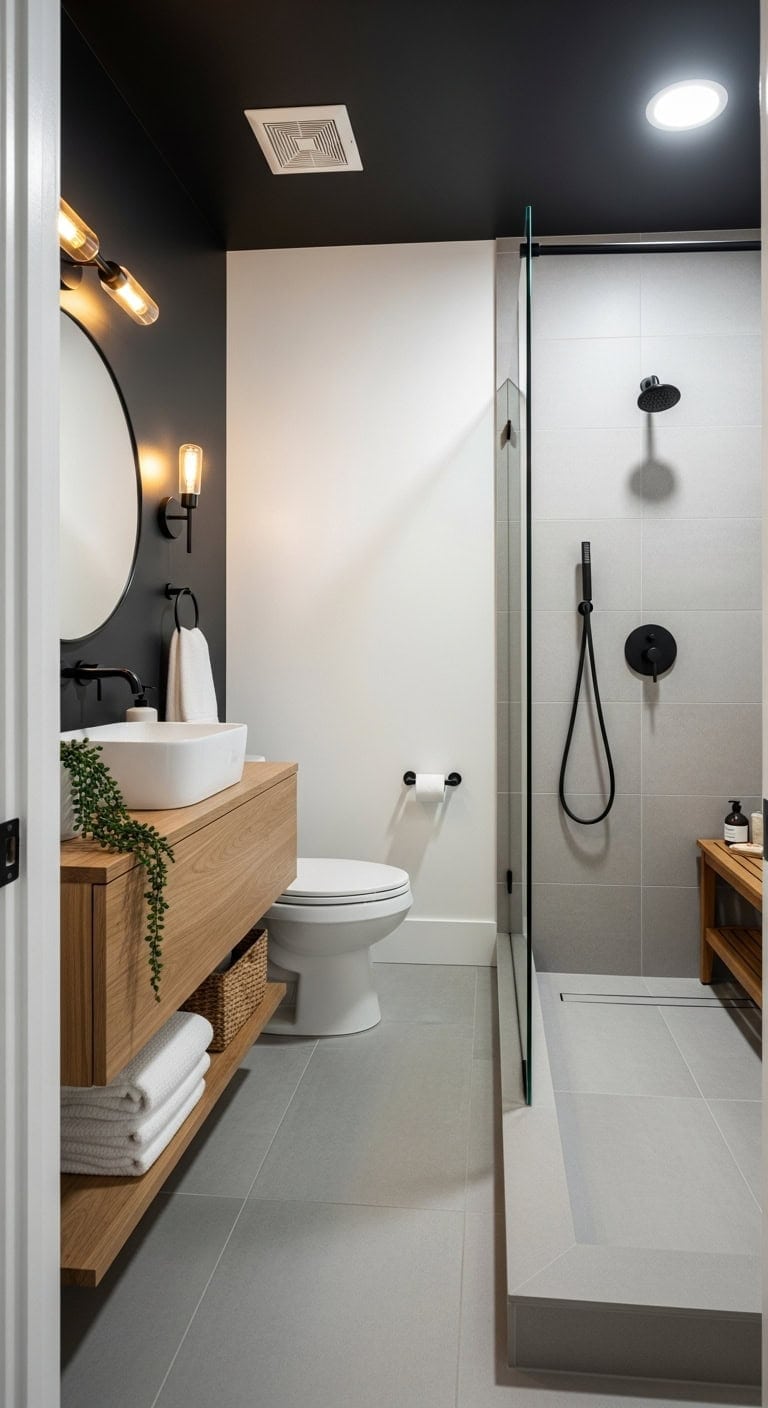 curbless shower matte black accents