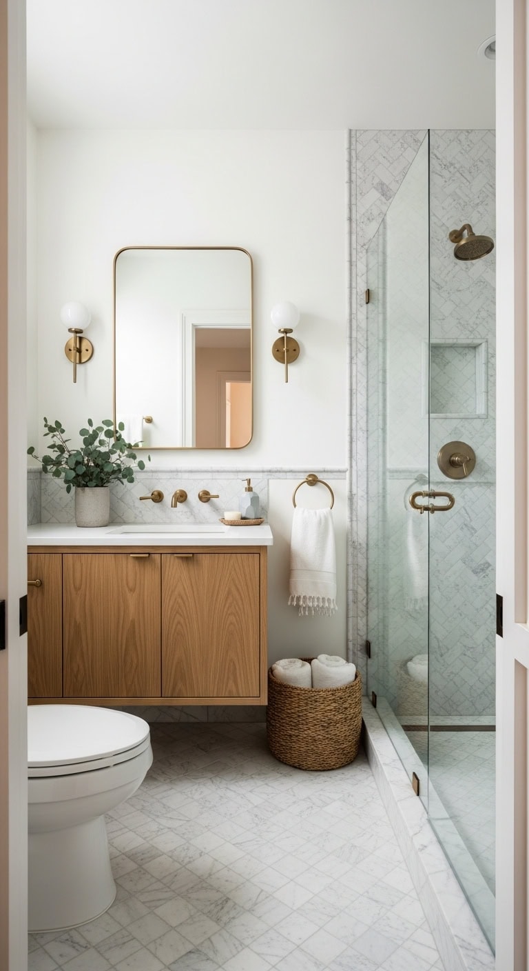 diamond tiles navy vanity white walls