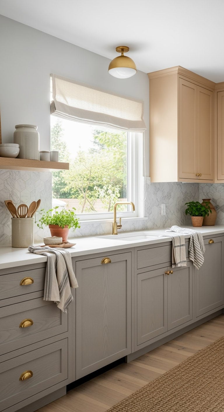 dove gray kitchen with caramel brass