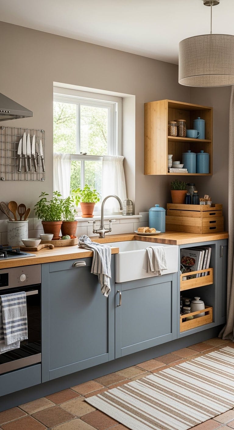dusty blue modular kitchen warmth