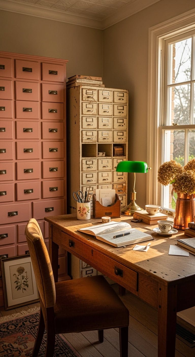 dusty rose apothecary workspace