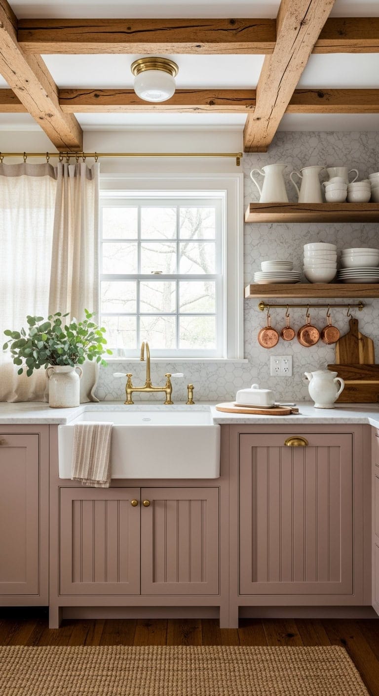 dusty rose farmhouse kitchen