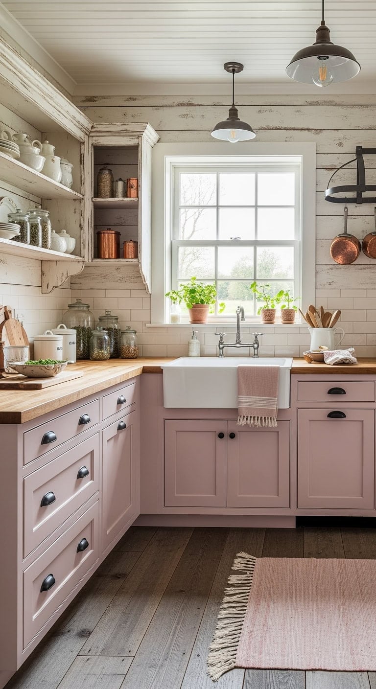 dusty rose farmhouse with shiplap