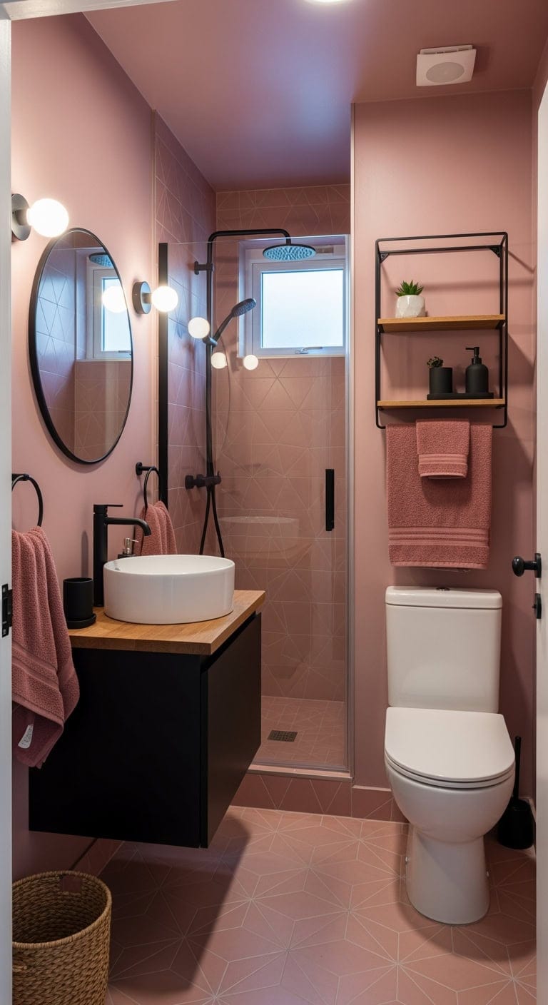 dusty rose matte black bathroom