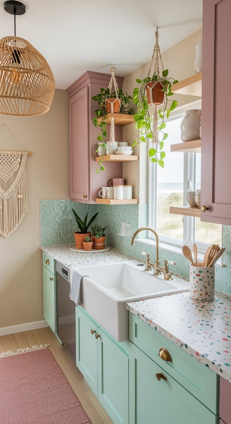 dusty rose mint cabinets